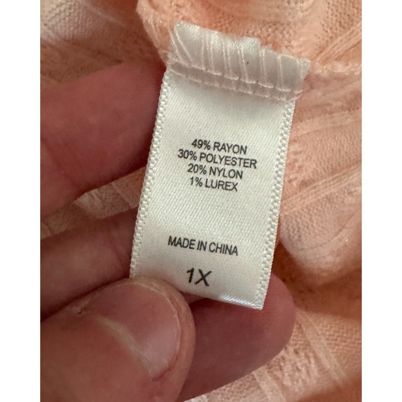 Muk Luks Women 1X Soft Peach Pointelle Knit Quarter Zip Pullover Shimmer Sweater - Picture 7 of 15